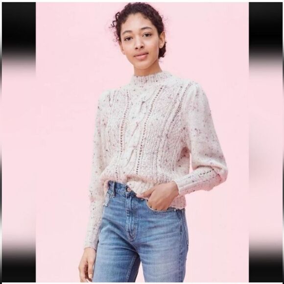 Rebecca Taylor Merino Wool Pink Confetti TWEED CABLEKnit XS Cream Sweater - Picture 2 of 10